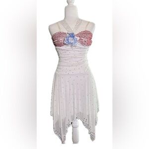 Handbeaded white dress with red blue embellished crystals dance costume 5/6